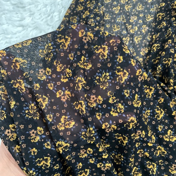 Free People Black Floral Smocked Mesh Maxi Dress Long Sleeve Prairie Boho M - Picture 5 of 5